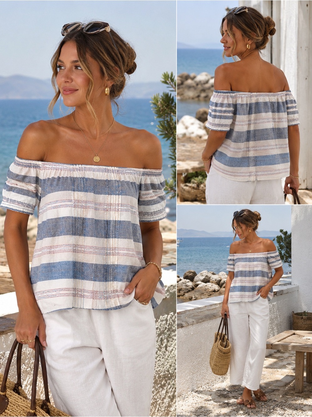 Reitmans Blue & White Striped Off-Shoulder Tunic